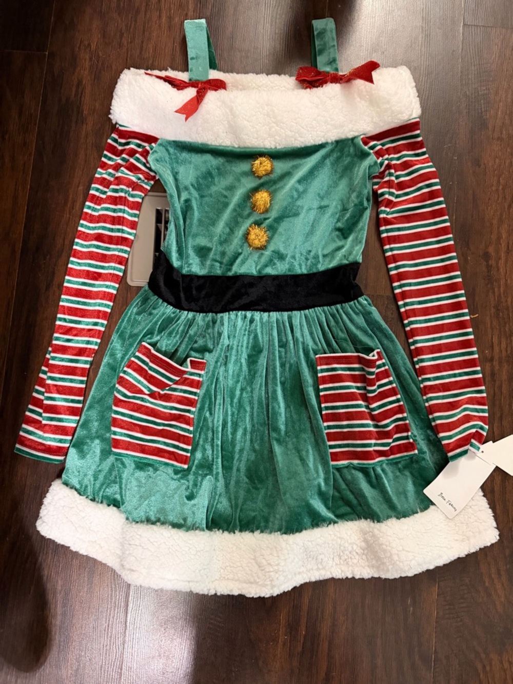 Kohl's Green and Red Striped Elf Dress Costume with Gold Accents